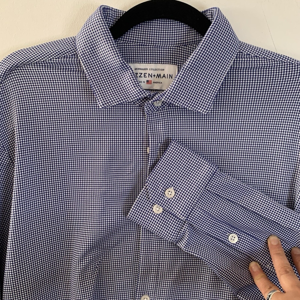Mizzen + Main Spinnaker Gingham Performance Shirt XL Trim Fit Navy Blue Stretc